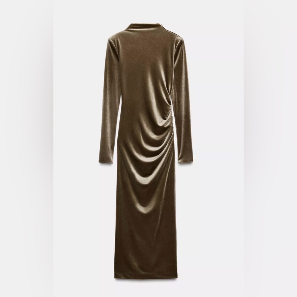 Zara Long Sleeve Velvet Midi Dress with Low Back & Shoulder Pads